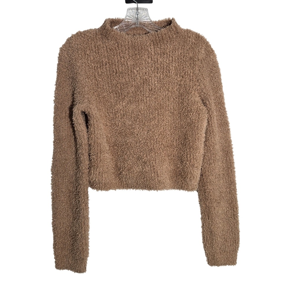 Aerie Sz M Fuzzy Mock‎ Neck Cropped Sweater Tan Long Sleeve Cozy Women's